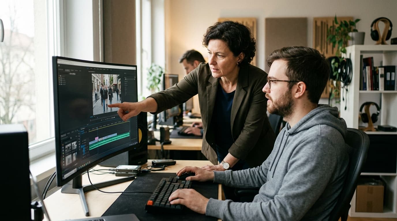 Team reviewing video content with timestamped feedback annotations